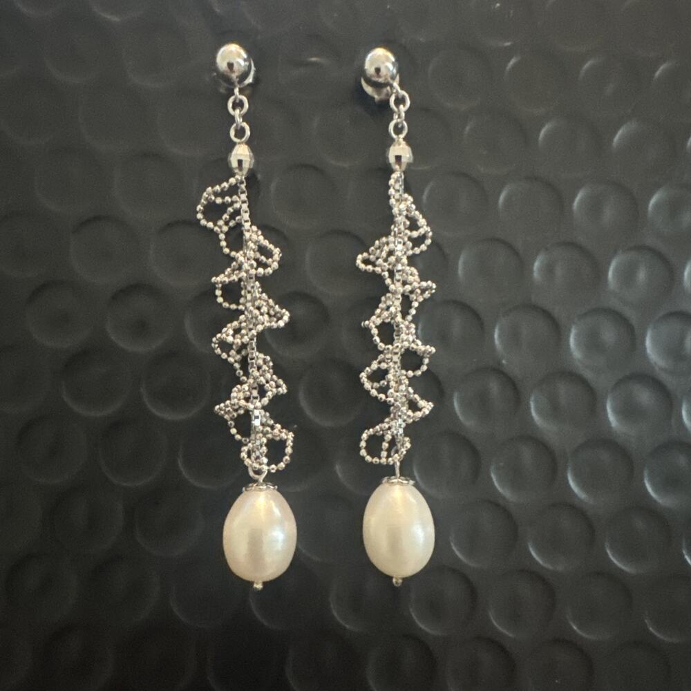 Sterling Silver 925 Spiral Freshwater Pearl Dangle Drop Earrings 2"